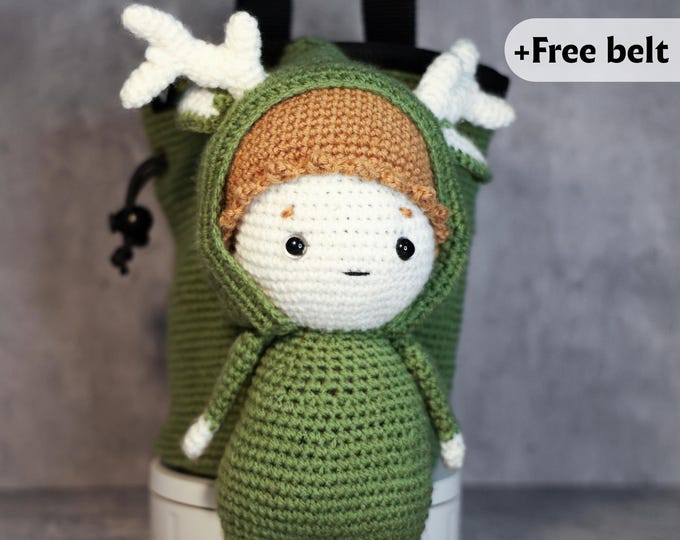 Forest Spirit Chalk Bag | Handmade Crochet Climbing Bag with Antler Kid | Cozy Gift for Nature Lovers