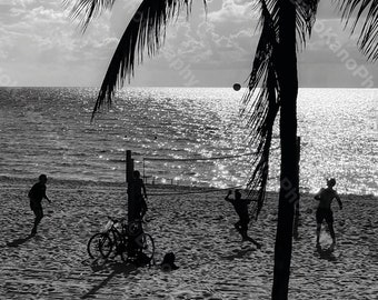 volleyball on the beach at sunset, Hollywood Beach, Florida, 2022 (Black and White) Wall Art, Home Decor (Instant Download)