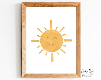 Gouden zon aquarel print, zon print, afdrukbare gouden zon, kinderkamer kunst aan de muur, kinderkamer kunst aan de muur, kinderkamer afdrukbare kunst, digitale download