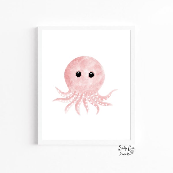 Printable Baby Octopus Watercolor, Nursery Wall Art, Cute Baby Animal Print, Sea Life Animal Print, Girls Nursery, Kids Room Printable Art