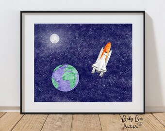 Space Theme Nursery Print, Printable, Nursery Wall Art Decor, Earth Moon Rocket Print, Space Theme, Kids Wall Art, Kids Room Printable Art