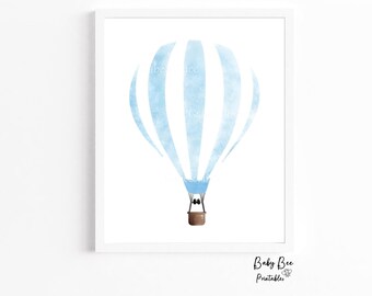 Baby Blue Hot Air Balloon Print, Printable Hot Air Balloon, Nursery Decor, Travel Nursery Theme, Kids Room Wall Art, Digital Download