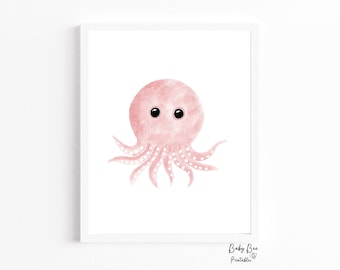 Printable Baby Octopus Watercolor, Nursery Wall Art, Cute Baby Animal Print, Sea Life Animal Print, Girls Nursery, Kids Room Printable Art