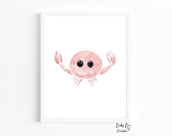 Printable Baby Crab Watercolor, Nursery Wall Art, Cute Baby Animal Print, Sea Life Animal Print, Girls Nursery, Kids Room Printable Art