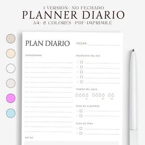 Puede incluir: Un planificador diario imprimible en español con secciones para la programación, prioridades, ingesta de agua, almuerzo, cena y notas.