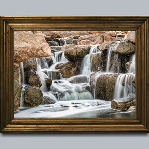 Waterfall Print wall art instant download of a soft waterfall gently flowing over the rocks in a mockup of the image beautifully framed.