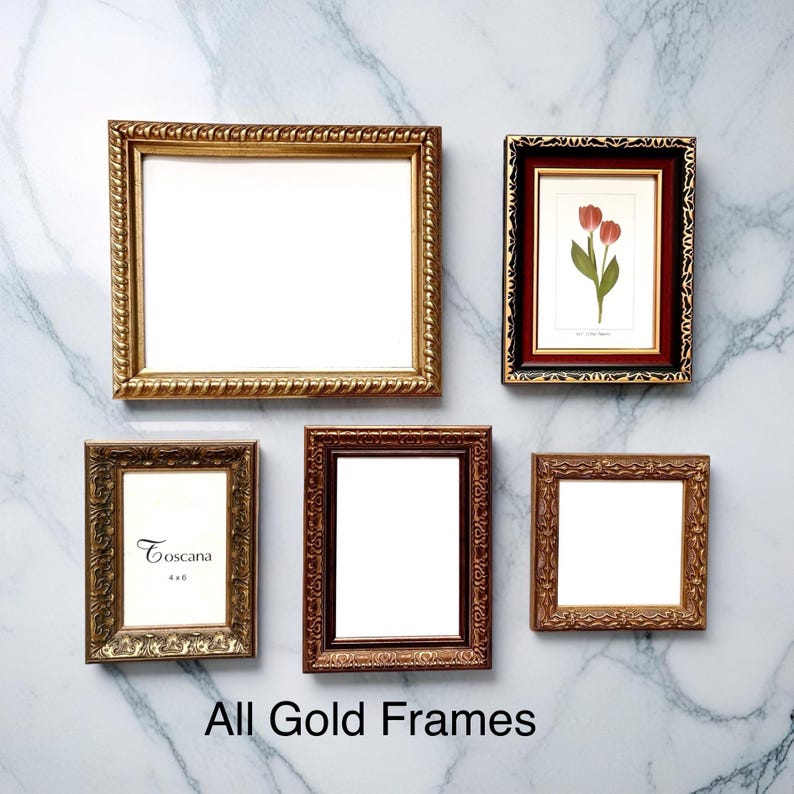 May include: A collection of gold picture frames of different sizes and designs, set against a marble backdrop. One frame displays a floral print. The text "All Gold Frames" is visible at the bottom.