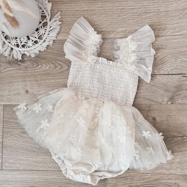 Baby Girl 1st Birthday Dress, Cake Smash Outfit, Girls Photoshoot Clothing, Baby Beige Floral Tulle Dress