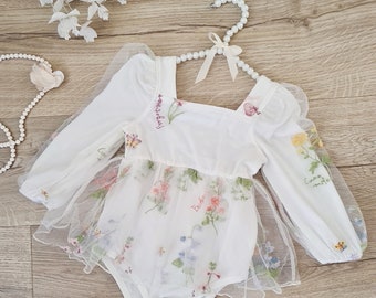 Baby Girl 1st Birthday Dress, Cake Smash Outfit, Baby Party Wedding Dress, Girls White Floral Tulle Dress