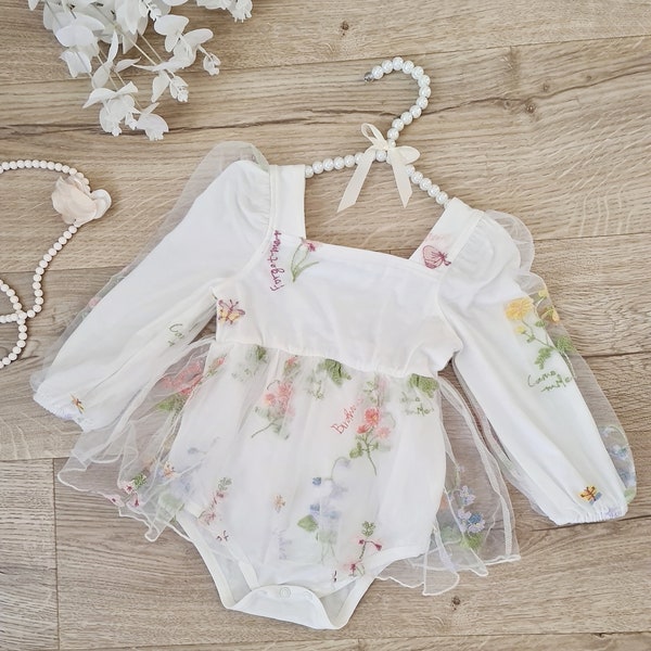 Baby Girl 1st Birthday Dress, Cake Smash Outfit, Baby Party Wedding Dress, Girls White Floral Tulle Dress