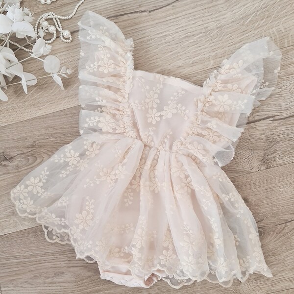 Baby Girl 1st Birthday Dress, Cake Smash Outfit, Girls Party Dress, Beige Floral Tulle Romper Dress