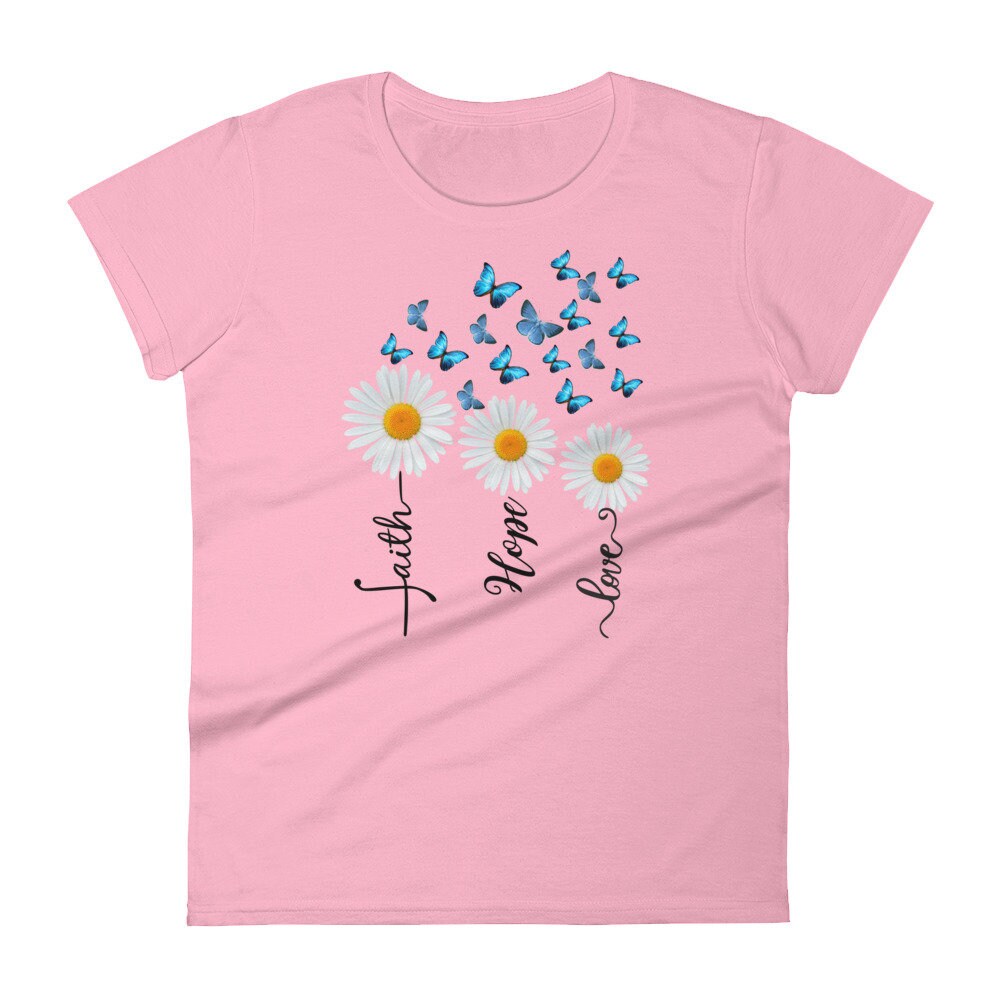 Women's Daisy Butterfly Graphic Tee - Faith Hope Love Short Sleeve Casual T-Shirt (Blue, Small) - View #2
