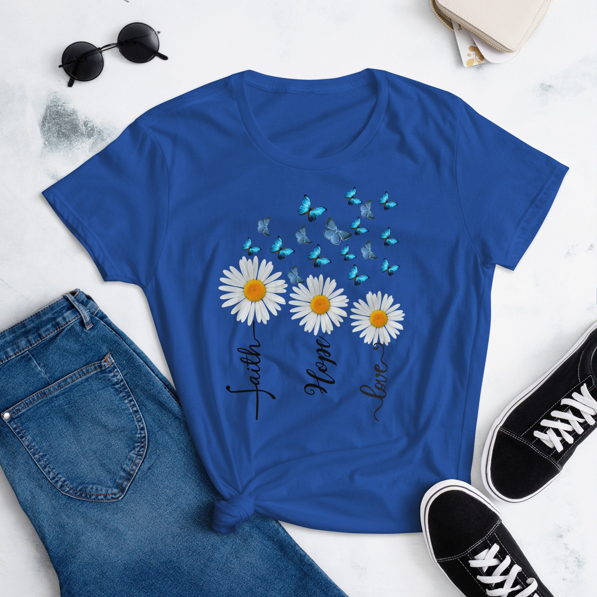 Women's Daisy Butterfly Graphic Tee - Faith Hope Love Short Sleeve Casual T-Shirt (Blue, Small) - View #4
