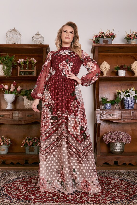party hostess dress Romantic Style Maxi Tulle Dress / Floral Polka-Dot Print Dress / Green and Red / Party Hostess Special Event / Modest Dress