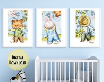 Nursery Wall Art, Animal Watercolor Prints, Boys Bedroom Décor, Rabbit, Fox and Ferret-"Summer friends" Prints.  Printable Digital Downloads