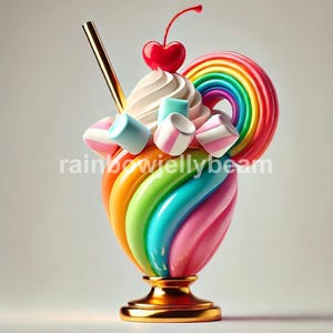 May include: A rainbow swirl milkshake with whipped cream, marshmallows, a cherry on top, and a rainbow candy swirl. The milkshake is in a gold goblet.