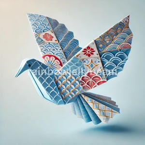 May include: A blue origami dove with intricate patterns in shades of blue, gold, and red. The dove is folded in a traditional style and has a delicate, intricate design.