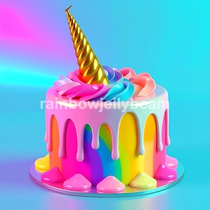 May include: A colorful cake with a rainbow design and a golden unicorn horn. The cake has pink frosting with white drips, and is decorated with pink, blue, and white frosting swirls. The text "rainbowjellybeam" is on the cake.