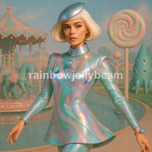 May include: A person in a futuristic, iridescent teal and pink outfit with a matching hat and jewelry. The background features a carousel, lollipop, and rocket ship, all in pastel colors. The text "rainbowjellybeam" is visible on the outfit.