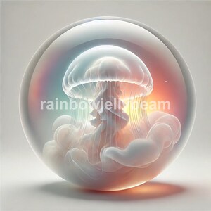 May include: A digital art image of a jellyfish inside a clear, spherical glass orb. The jellyfish is white and translucent, with long, flowing tentacles. The orb has a rainbow-colored gradient and the text "rainbowjellyteam".