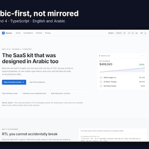 May include: A website interface for a SaaS kit titled Nuvora, featuring text that reads Built Arabic-first, not mirrored, Next.js 16, Tailwind 4, TypeScript, and The SaaS kit that was designed in Arabic too, with a revenue chart.