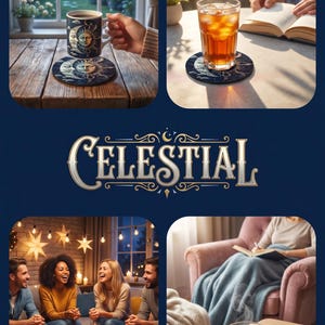 May include: A set of round drink coasters featuring a dark blue and gold celestial design with a sun and moon illustration. The word CELESTIAL is printed in a decorative font. The coasters are shown in various settings with mugs and glasses.