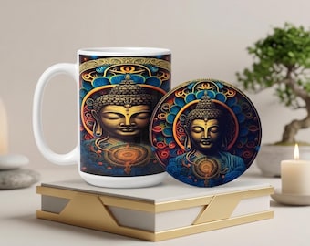 Buddha Coffee Mug and Coaster Set: Spiritual Meditation Gifts