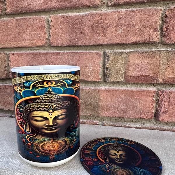 Buddha Coffee Mug and Matching Coaster/ Buddha Coffee Mug/ Buddha Mug/ Buddha Cup/ Buddhist Gifts/ Buddha Head/ Spiritual Gifts/ Meditation