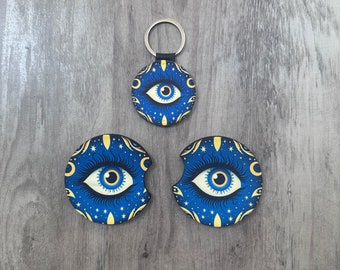 Evil Eye Car Coasters and Keychain Set: Talisman Gifts