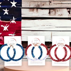 Aros con purpurina roja, blanca y azul, para el 4 de julio, joyería patriótica, aros con motivos americanos, joyas para el Día de los Caídos y el Día del Trabajo, aros navideños.