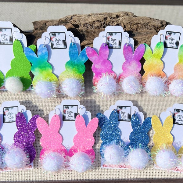 Tye Dye Easter Bunny Earring,Rainbow PeeP Bunny Earring with Cotton Tail,Vegan Tye Dye Leather Rabbit Earring,Childrens Easter Bunny Earring