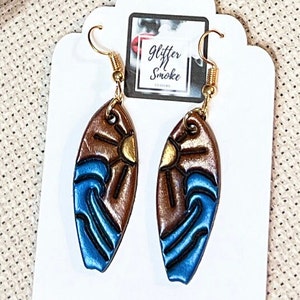 Beach Surfboard Earrings,Blue Wave Earrings,Kids Beach Earrings,Leather Red Sun and Wave Fashion Jewelry, Beach Barbie-core Earrings