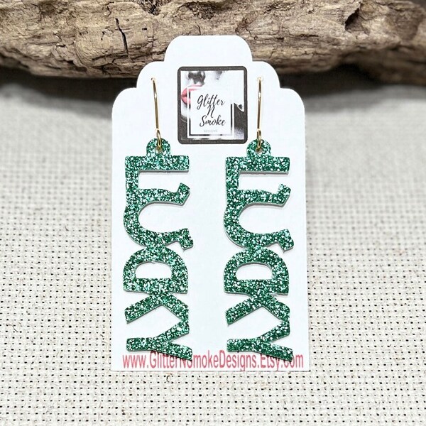 Green Glitter Lucky Irish Earrings, 'Lucky' word Earring, St. Patricks Day Earrings, Green and Gold Jewelry