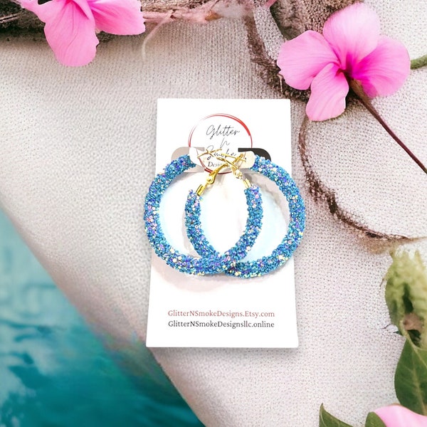 Summer Blue Glitter Hoops, Summer Hoops,Gold 2 inch Hoops,Children's Earrings, Bling Hoops,Sequin Earrings, Gifts For Mom, Something Blue