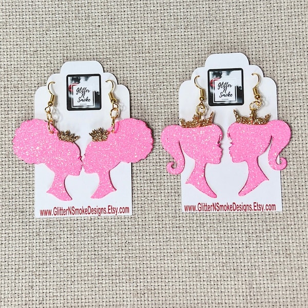 Pink Girl Royal Queen Earrings, Pink and Gold Glitter Silhouette Earrings, Pink Princess Earrings