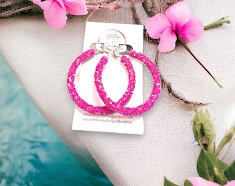 Raspberry Pink Glitter Hoops,Gold 2 inch Hoops,Children's Earrings, Bling Hoops, Gifts For Mom, Dusty Pink Glitter Jewelry