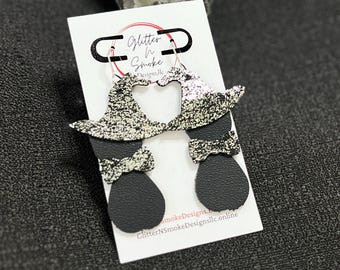 Handmade Leather Cat Earrings: Witch Hat, Halloween Charm