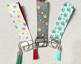 Marijuana Key Fob Wristlet; Weed Key Fob; Mary Jane Key Chain; Pakalolo Cotton Key Fob; Rose Gold Colored Hardware
