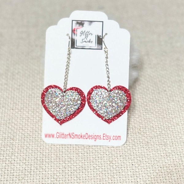 Red Heart Earring, Silver Heart Earring, Valentine's Day Earring Gift , Glitter Heart Dangle, Chained Heart Jewelry