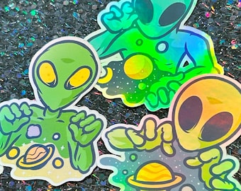 Holographic Alien Sticker Pack: Cosmic Vinyl Decals