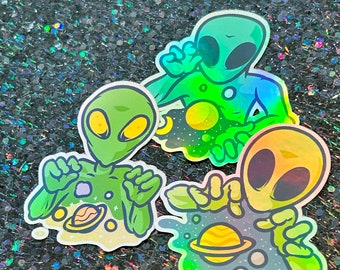 Holographic Alien Sticker Pack| Space Aesthetic| Holo Stickers| Decorative Stickers| 3 Pack Stickers| Not Waterproof| Extraterrestrial Theme