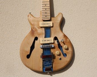 BLUE RIVER Handmade Beech Oak Epoxy River Electric Guitar | Hollow-bodied | Made from Recycled Wood | Luthier Built | Custom Electric Guitar