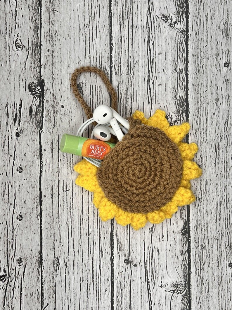Handmade Crochet Sunflower Bag Charm – Cute Keychain and Purse Accessory, Chapstick or AirPods Holder – Cheerful Gift for Flower Lovers image 2