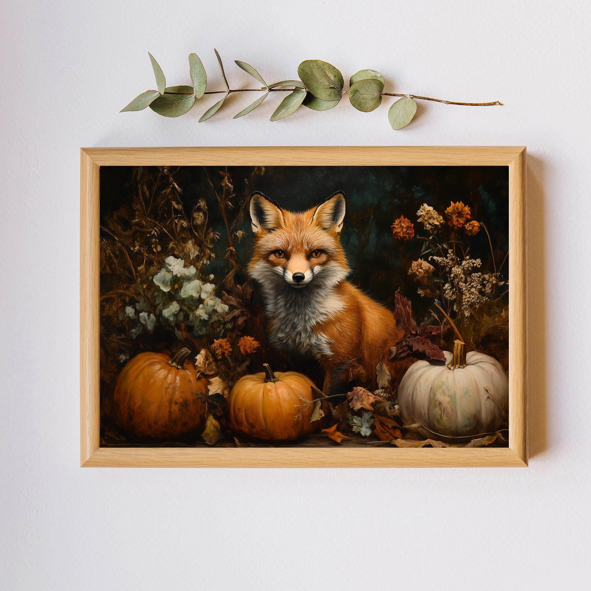 Fox and Pumpkin Fall Art Print: Rustic Autumn Decor (digital
