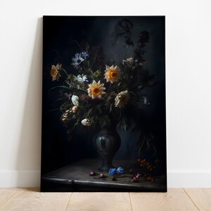 Vintage dunkle Blumenmalerei, schwermütige botanische Kunst, Stillleben Ölgemälde, dunkle Academia Druck, digitaler Download, antiker Druck