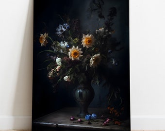 Vintage Dark Floral Oil Painting: Moody Botanical Print (Digital Download)