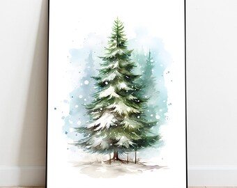 Pode incluir: Pintura em aquarela de uma árvore de pinho coberta de neve em uma floresta de inverno. A árvore é verde com neve branca em seus galhos. O fundo é uma suave aquarela azul com pontos brancos que representam a neve caindo.