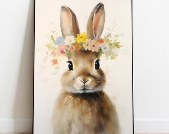 Vintage Easter Bunny Print: Floral Crown, Spring Nursery Art (Digital Download)