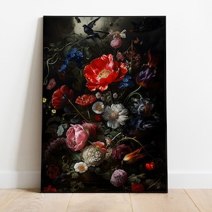 Stimmungsvolle botanische Kunst, Vintage dunkle Blumenmalerei, dunkle Academia Druck, Stillleben Ölgemälde, digitaler Download, antiker Druck