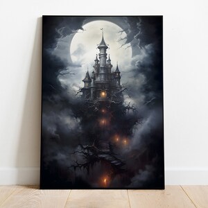 Halloween House Painting, Haunted Castle Print, Dark Academia Print, Spooky House Printable Art, Digital Download